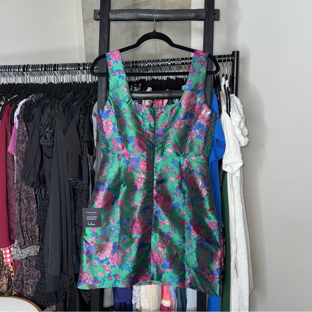 Lulus Compelling Drama Green Floral Jacquard Lurex Bustier Mini Dress Medium New - Picture 14 of 15
